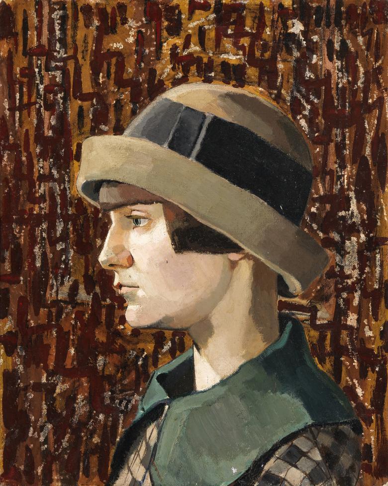 A figure in profile wears a brown hat with a broad ribbon around the rim. She is dressed in a wide green color over a checked garment. The background is brown and orange patterns.