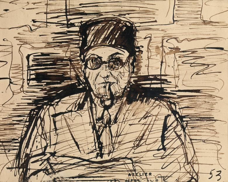 An ink sketch of a man with glasses wearing a hat, a suit and a tie