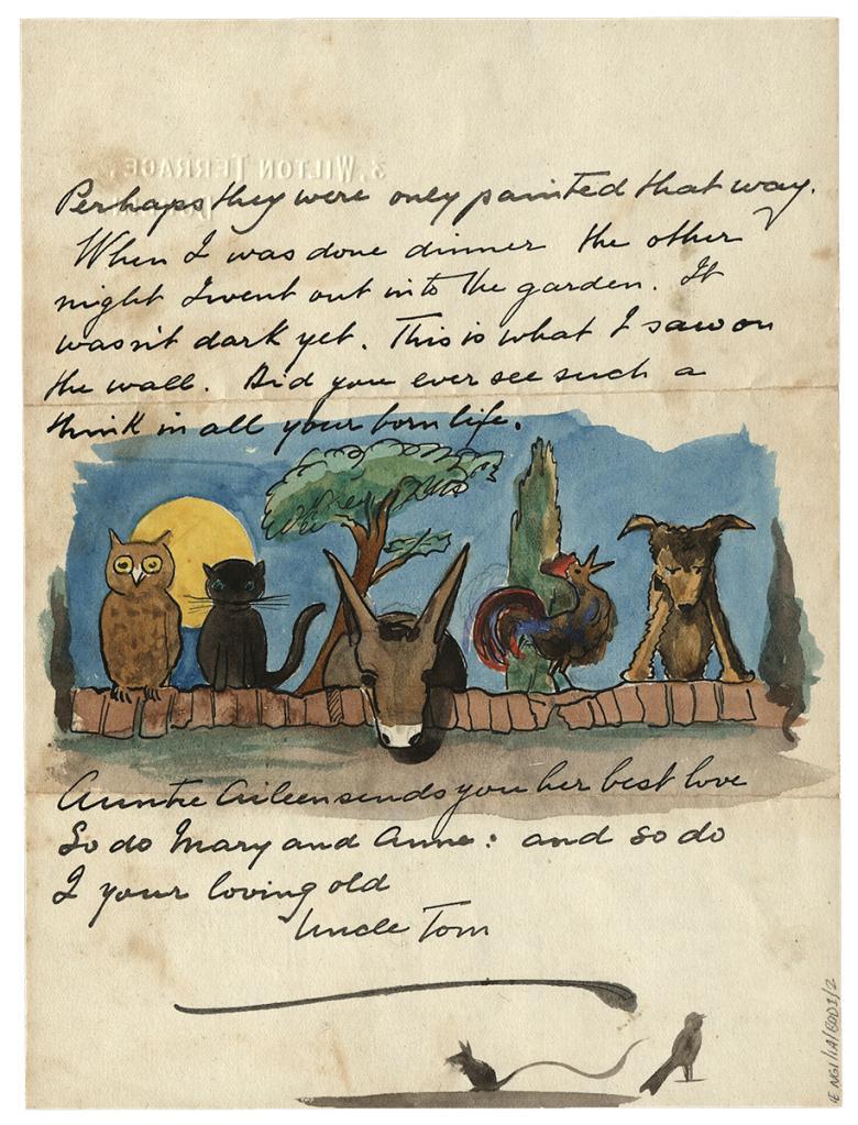 Handwritten letter featuring a watercolour of an owl, a blac cat, a donkey, a rooster and a dog peering over a brick wall.