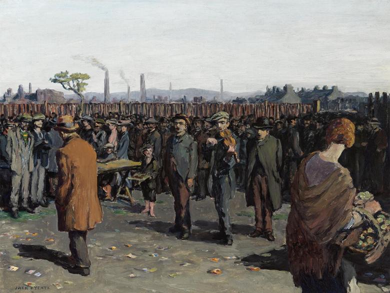 Painting of two singers and a violinist, performing surrounded by a crowd attending a Gaelic football match