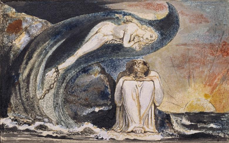  A figure dressed in white sits in the centre of the frame with the head resting in their hands. Above them floats a figure in a blue wave, their ankles shackled. To the right, the sun appears over the sea.