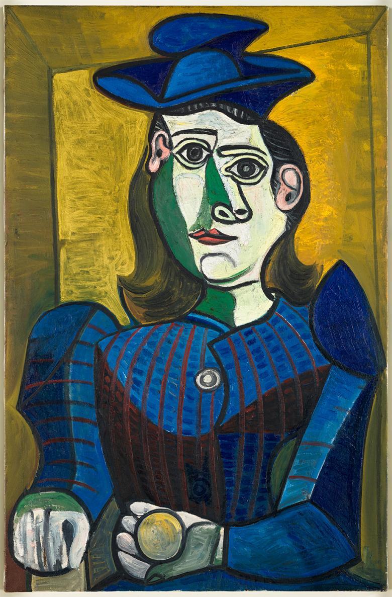 Cubist painting of a woman in a blue hat and blue dress.