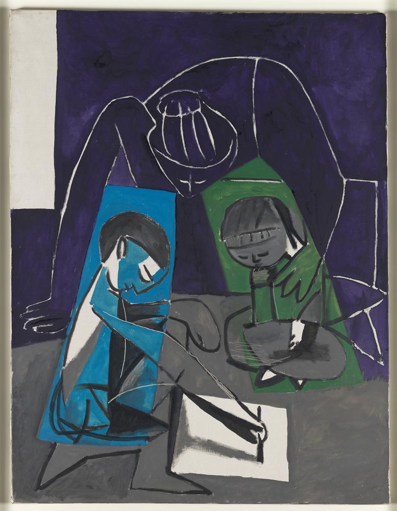 Cubist painting of two children sitting on the floor, drawing. The outline of woman sits behind them. 