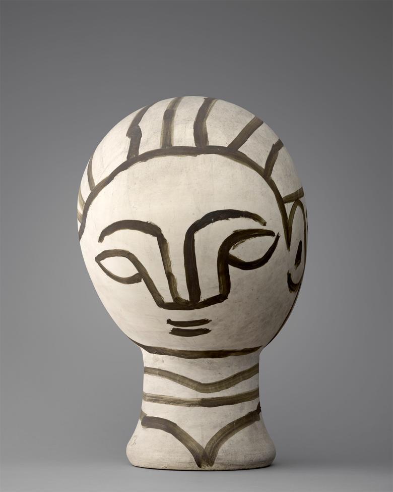 Sculpture of a woman's head in black and white
