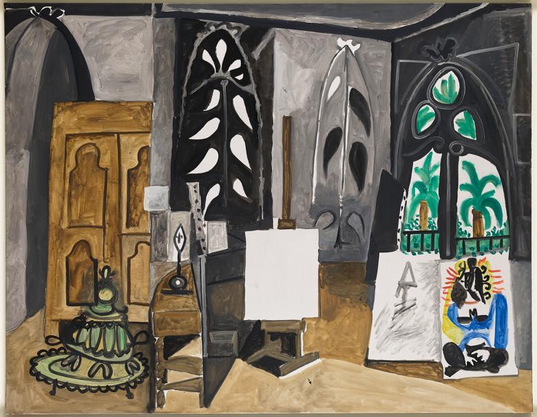 Painting of an artist's studio, with paintings stacked on the floor, a blank canvas sat on an easel, and palm trees visible through the window.