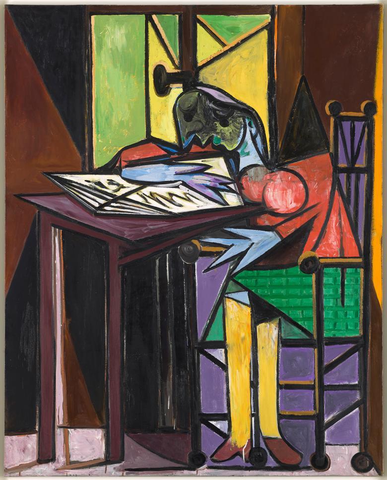 Cubist painting of a woman sat at a desk reading, wearing a red top, green skirt and yellow tights.