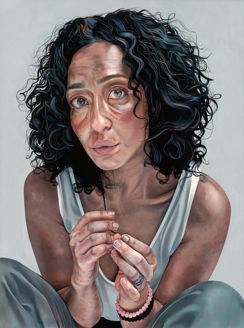 Painting of a woman with dark curly hair, wearing a white vest top and bracelets