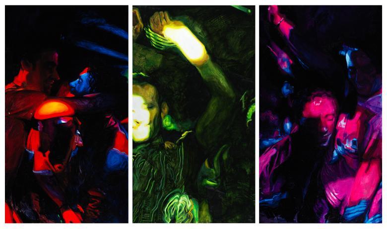 A triptych of images of people dancing in a nightclub under neon lights.