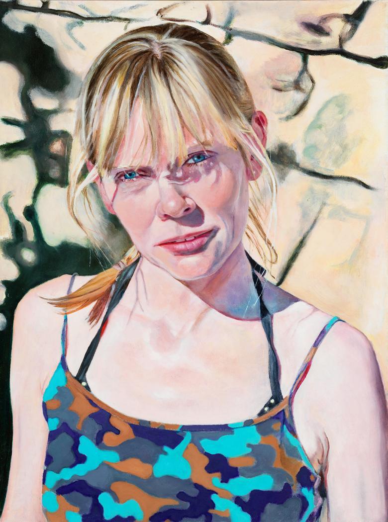 A painting of a young woman with blonde hair on a beach wearing a swimming costume.