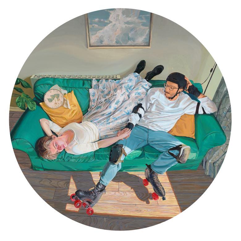 A round painting of two people on a sofa, one lies upside down and the other is wearing roller skates and a helmet.