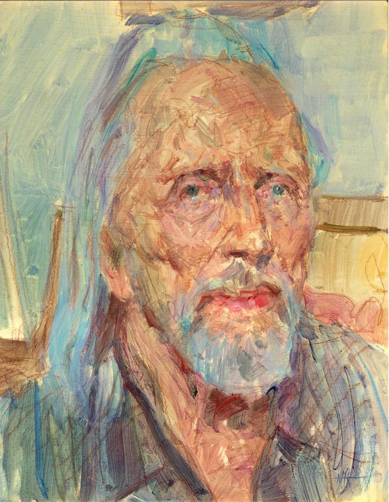 A painting of an older man with grey hair and a grey beard