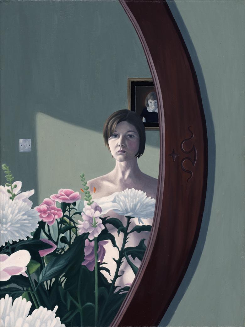 A painting of a young woman reflected in a mirror, partially obscured by flowers.