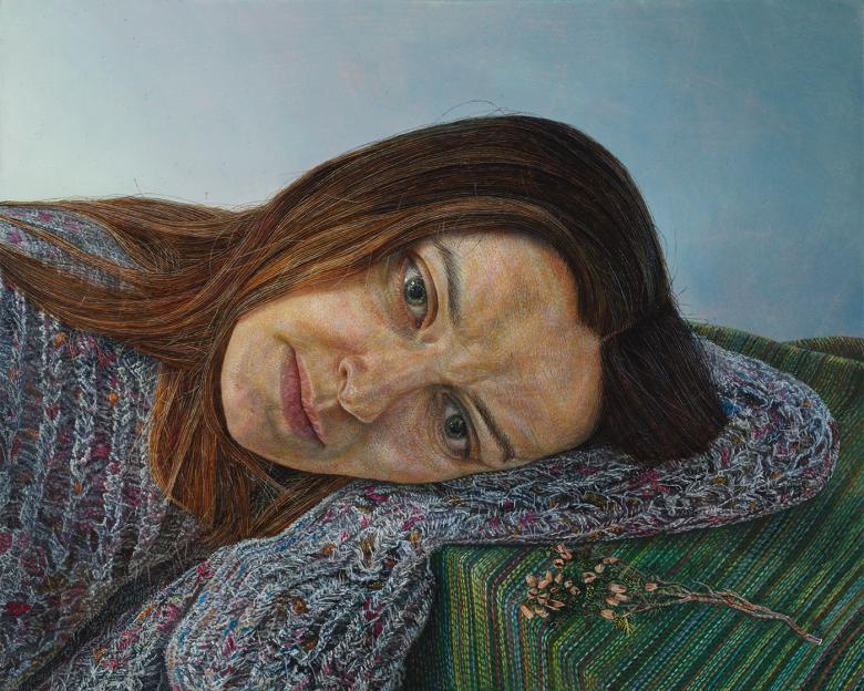 A painting of a young woman wearing a grey jumper, leaning her head on her arm