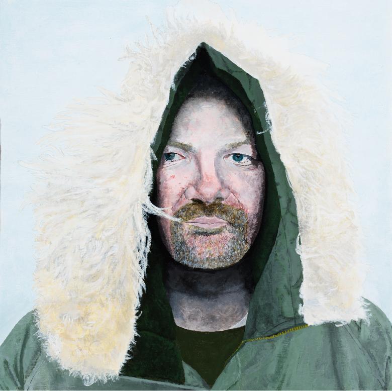Painting of a man with a beard, wearing a white fur hood.