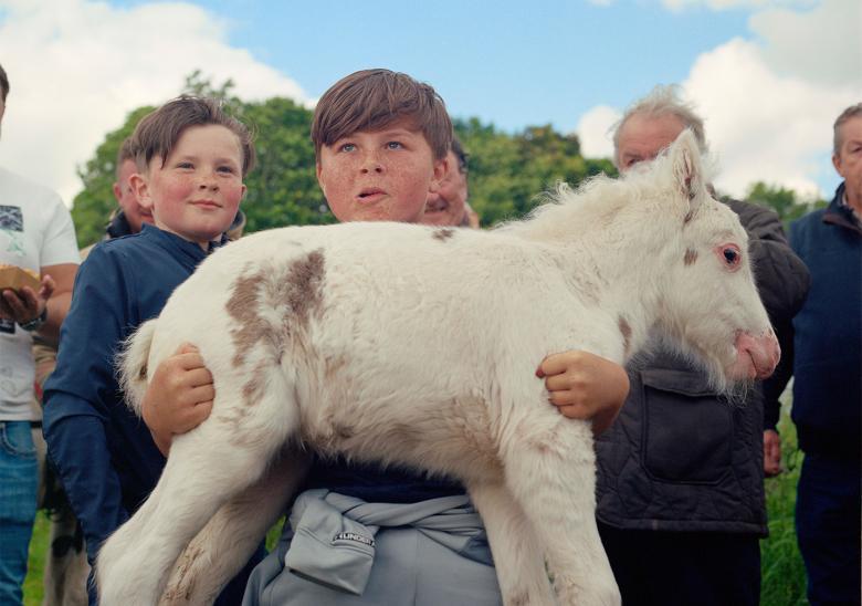 A photograph of a young boy holding a very small horse.