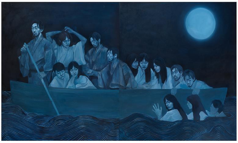 Japanese style painting of a group of figures wearing traditional Japanese dress in a small boat illuminated by moonlight