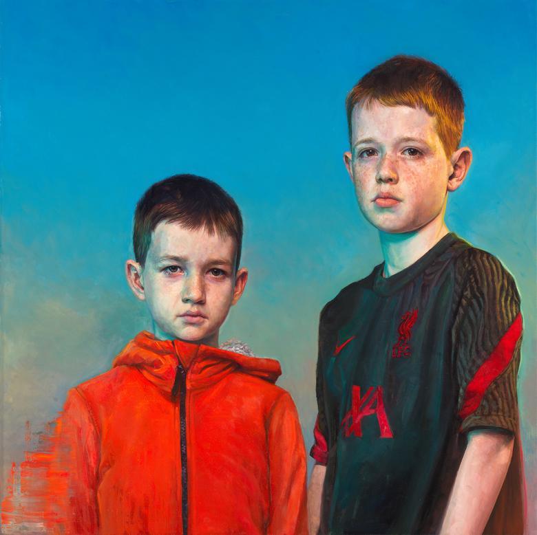 An oil painting of two young boys, one wearing a red hooded top and one wearing a grey and red football shirt.