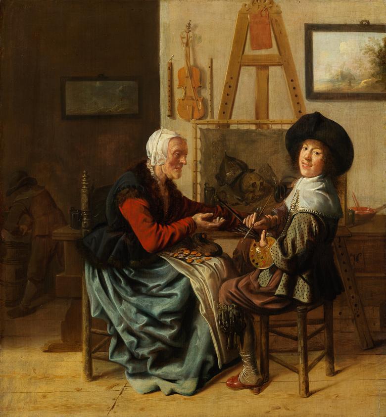 An artist at an easel turns to look at the viewer as an elderly woman offers money for him to paint her portrait
