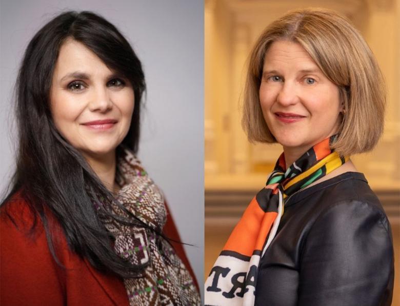 Photographs of a woman with dark hair, a red top and fair-isle scarf, and a woman with a blond bob, dark grey top and a colourful silk scarf