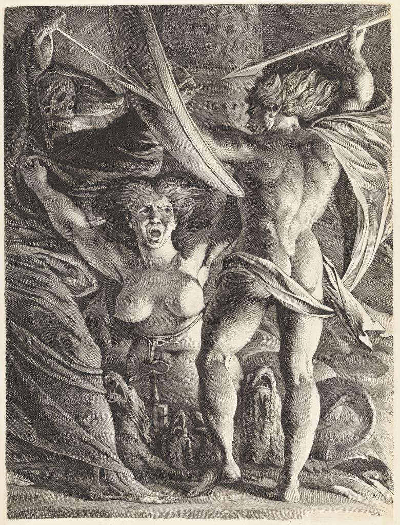 An etching of a scene with satan and a number of other figures, arms raised. 