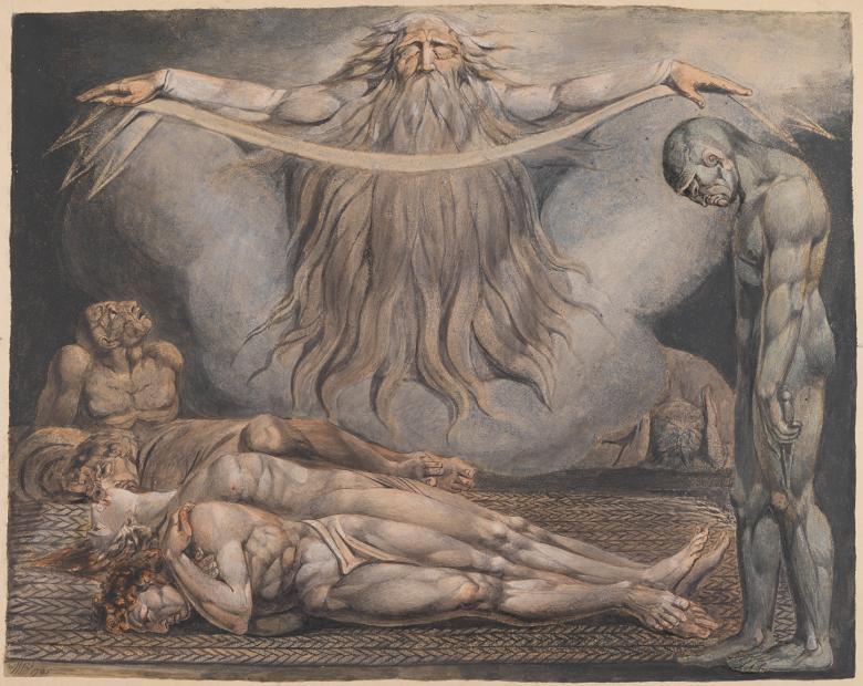 Three figures lie, apparently dead, on a mat. Above them, a bearded figure with arms outstretched emerges from a cloud. A figure to the left gazes up at him, one to the right cowers and covers his ears. In the right of the frame, a naked figure stands, head downcast. 