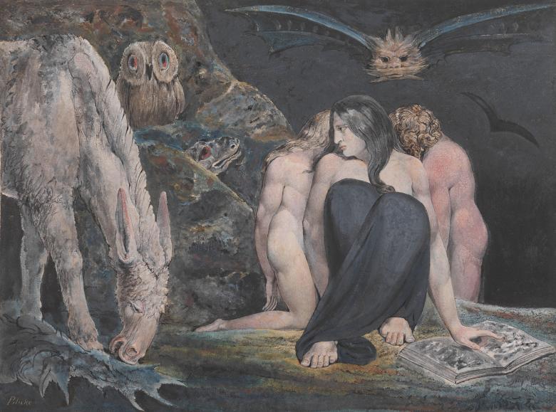 A woman sits crosslegged on the ground, her hand pointing to an open book. She turns to the side, looking at the creatures near her, including a donkey and an owl. Two other figures hide behind her. Overhead, two bat-like creatures fly. 