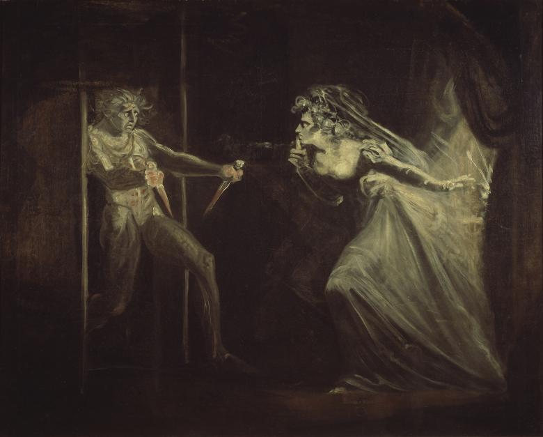 A drawing showing a man with two bloody daggers looking at a woman in a veil and dress who leans forward with her finger to her lips.