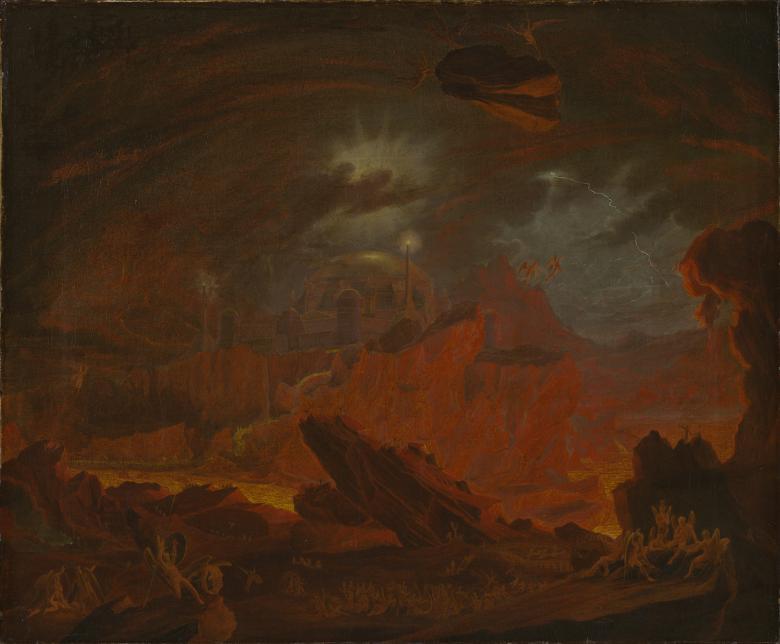 A barren rocky landscape bathed in red light, with winged figures sitting on the rocks and in the sky. 