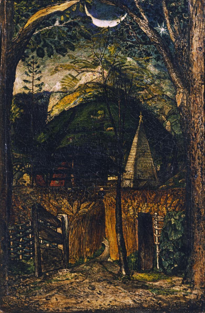 A landscape with a small building with a turret on the right. To the left, a gate is open, leading to a field of corn. Tall trees flank either side of the artwork, and in the background there is a green hill and a crescent moon on its back.