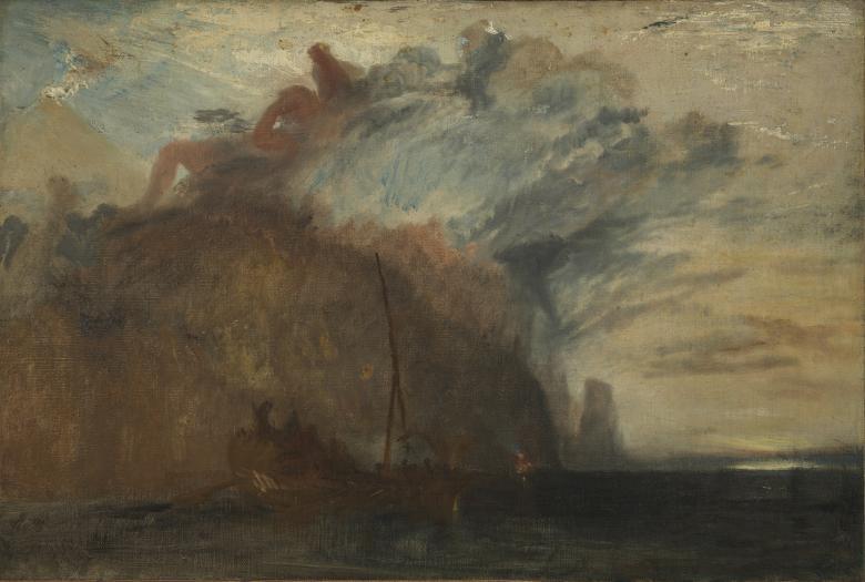 A sketchy painting showing a boat at sea, with storm clouds overhead. Some figures can be made out. 