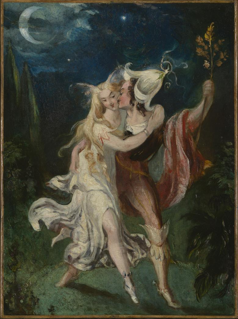 Two fairy -like creatures walk through green area at night, embracing. One wears a flower as a hat, and holds aloft a sprig of leaves. 