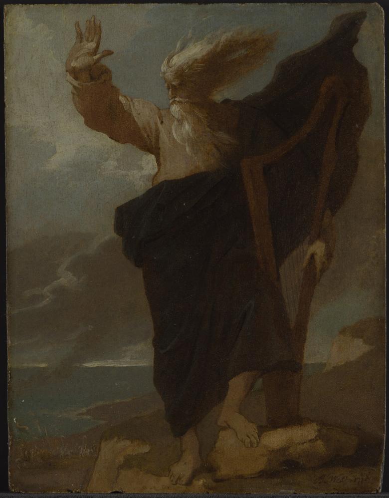 A figure with a long white beard and white hair stands on a cliff-edge, with one foot on a rock, one hand held aloft and one hand on a harp by his side. His hair is being blown by the wind and the sky behind him looks stormy.