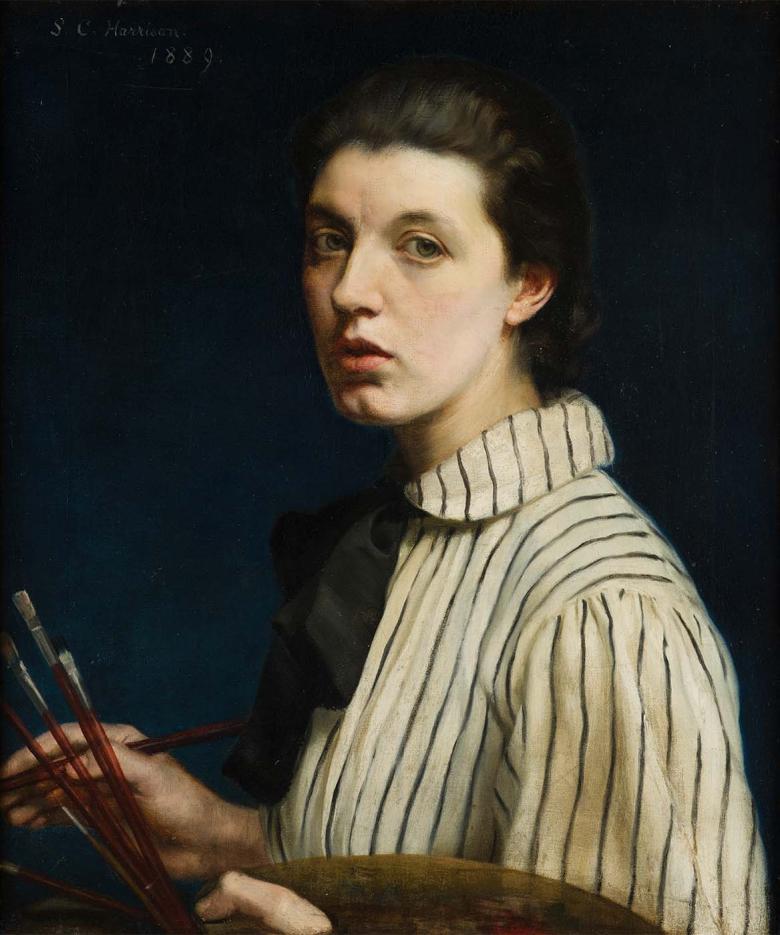 Portrait of a woman artist, wearing a striped painter's smock and holding a palette with paintbrushes