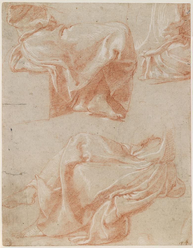 Red and white drawing of draped fabric.