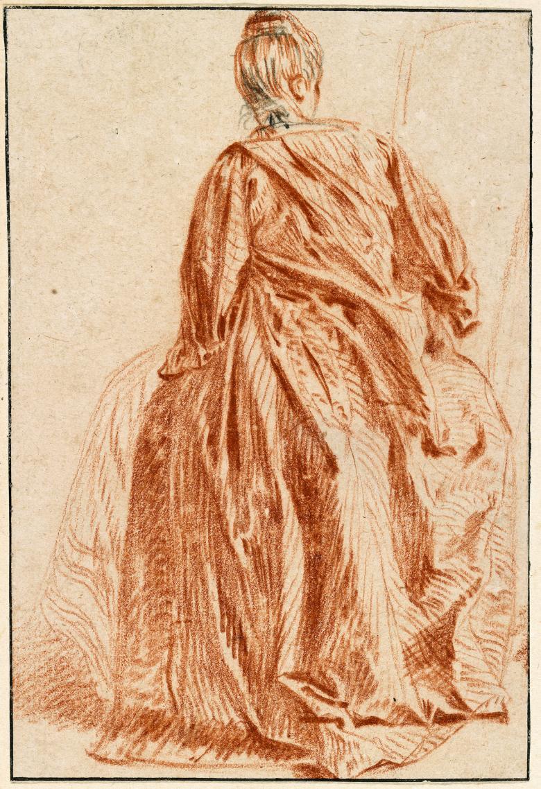 Drawing of a woman in a large red/orange gown, seen from behind.