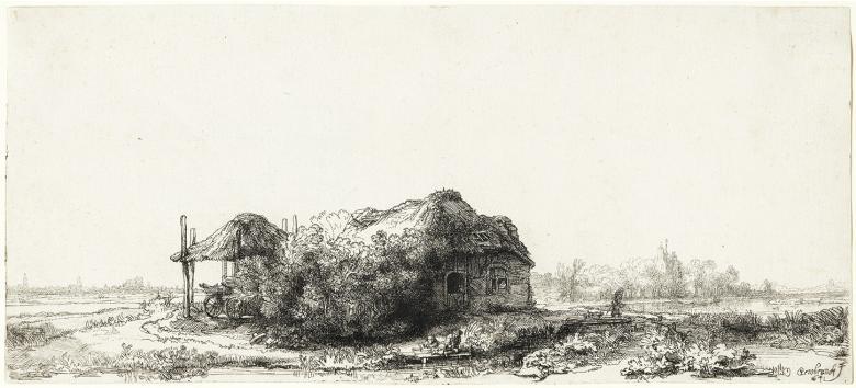 Drawing of a small cottage, with two men fishing in the foreground. In the background you can see the skyline of old Amsterdam.