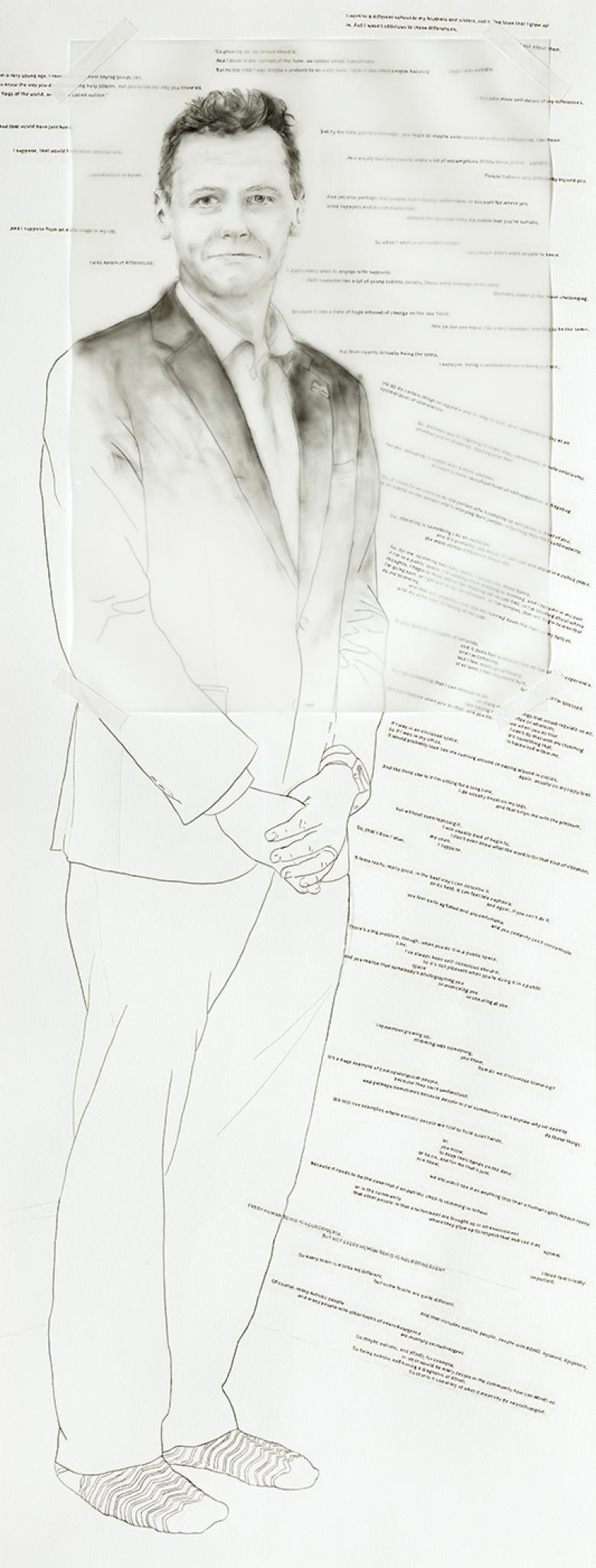 Full length black and white pencil drawing of a man in a suit wearing striped socks, surrounded by lines of typewritten text
