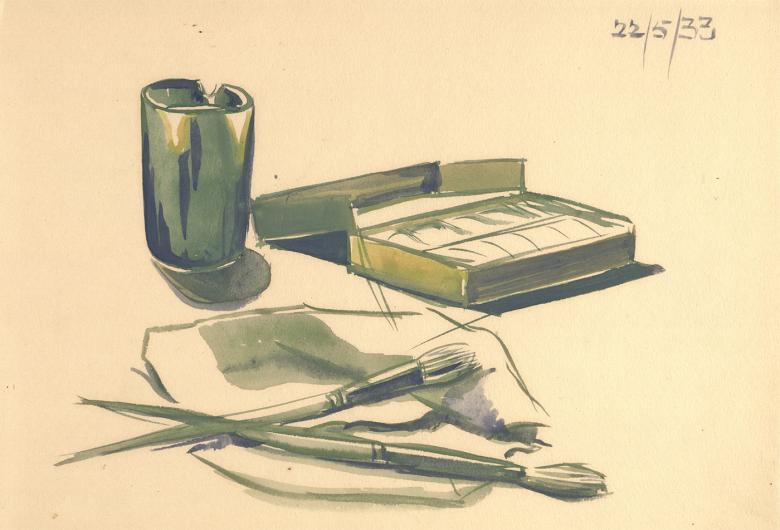Watercolour drawing of a paint palette, paintbrushes and a jug of water.