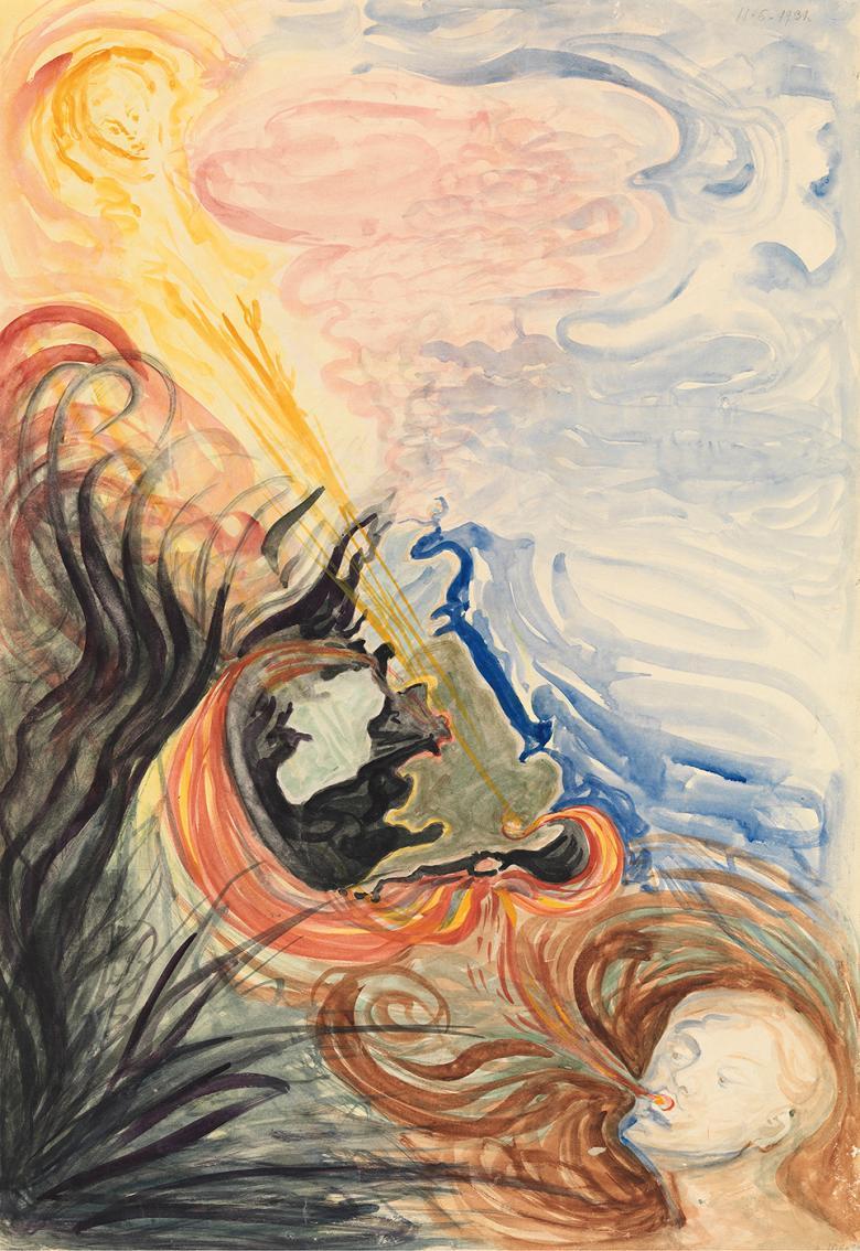 Abstract painting featuring a map of the British Isles. A human figure in the position of Europe is blowing dark coloured wind around the canvas.