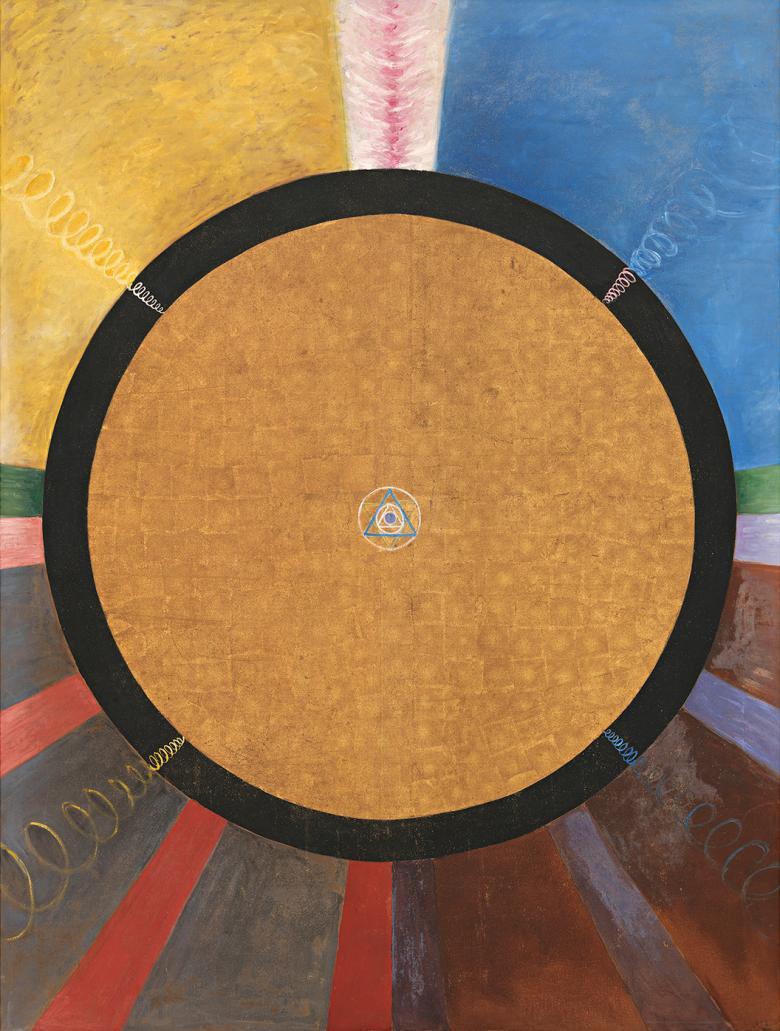 Abstract painting of a large gold circle in the middle of the canvas. Four spirals and seven beams of colour radiate out from the circle, on a background of gold, blue, grey and red segments. 