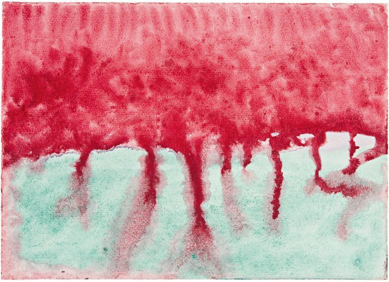 Abstract painting of red watercolour paint, dripping down the canvas and mixing with light blue paint on the bottom of the canvas.