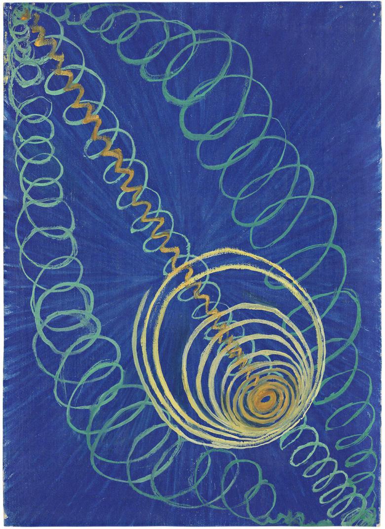 An abstract image of an off centre concentric circle painted in yellow, with yellow and green spirals surrounding it, painted on a blue background.