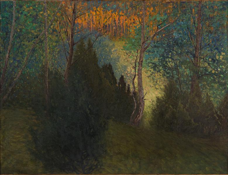 Painting of a dark forest at twilight, under a dark blue and orange sky.