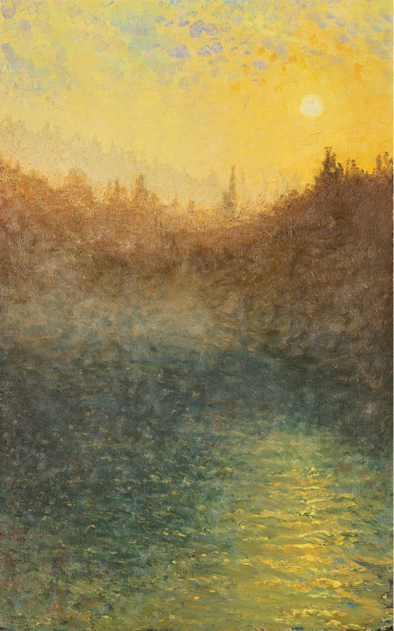 Painting of a river surrounded by trees at sunrise.