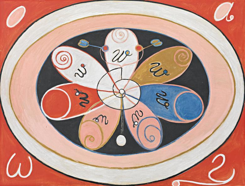 Abstract painting consisting of a shape inside a number of circles of black, pink and white. The shape is made up of seven egg shaped petals that are white, pink, red, blue and gold, and each shape has a spiral and black symbol within it. The centre of the image is a white spiral, and the background is red with a white symbol in each corner. 