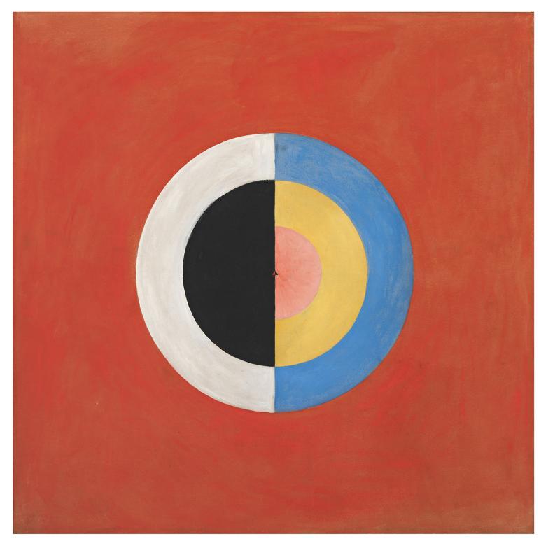 Abstract painting of a concentric circle, painted in semi-circles of white, black, blue, yellow and red, on a solid red background.