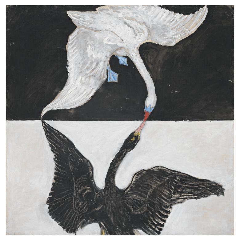 Painting of a white swan on a black background, and a black swan on a white background. The swans beaks are touching.