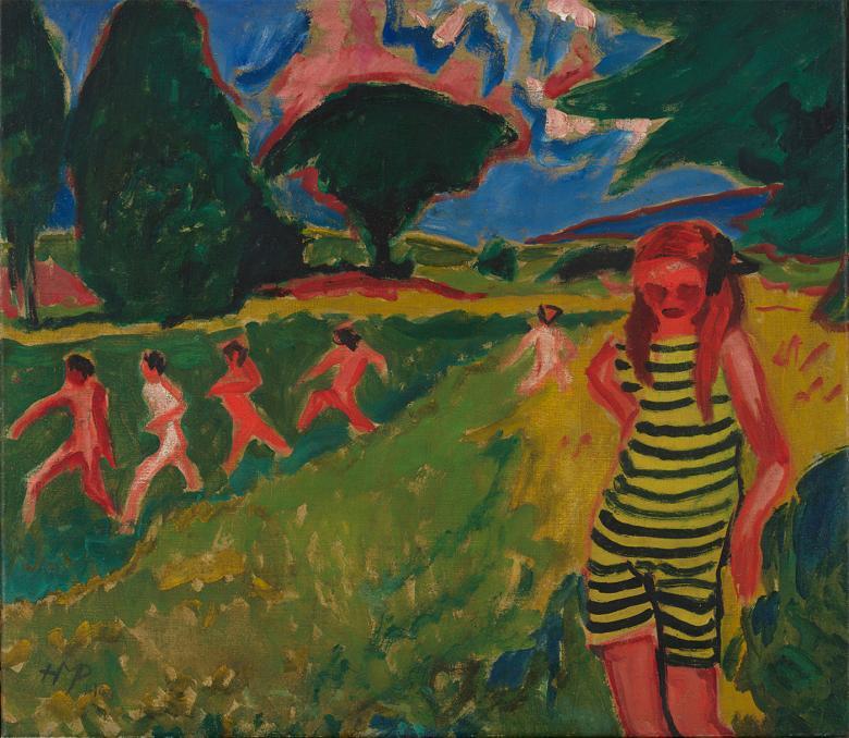 German expressionist style painting of a young girl wearing a black and yellow striped playsuit. There are five nude figures in the background, and the painting is set in a field with large trees.