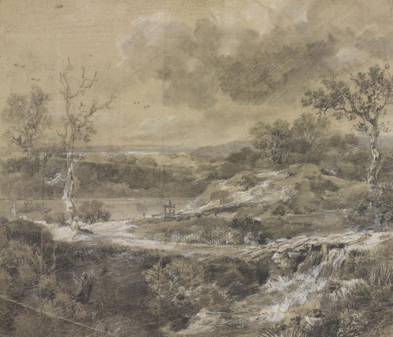 Chalk drawing of trees beside a lake by Thomas Gainsborough