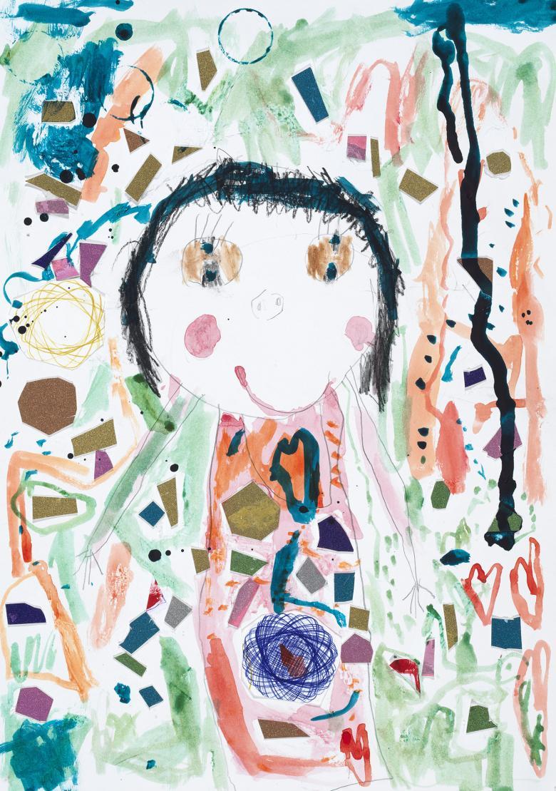A collage portrait of a smiling figure. The dominant colours are green, blue and orange